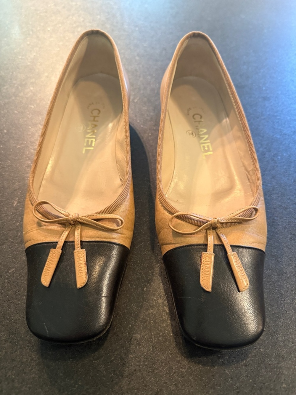 CHANEL Square Toe Two-Tone Leather Ballet Flats in Tan and Black